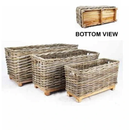 RATANOVÉ koše RATTBOX na dřevěném podstavci, HRUBÝ RATAN, Grey, set 3 kusy