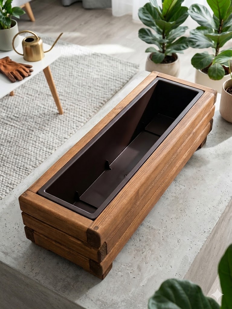 Dřevěný květináč AKSAMIT WINDOW s plastovou vložkou, teak 660x230x200