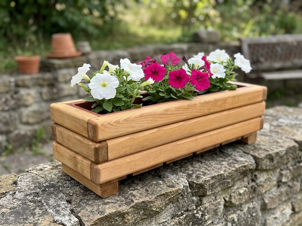 Dřevěný květináč AKSAMIT WINDOW s plastovou vložkou, pinie 660x230x200