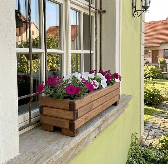 Dřevěný květináč AKSAMIT WINDOW s plastovou vložkou, teak 660x230x200