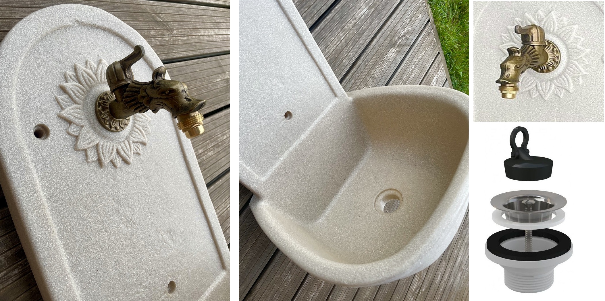 ROTO zahradní umyvadlo Slunce 63 cm pískové - kohoutek Drak, výpusť