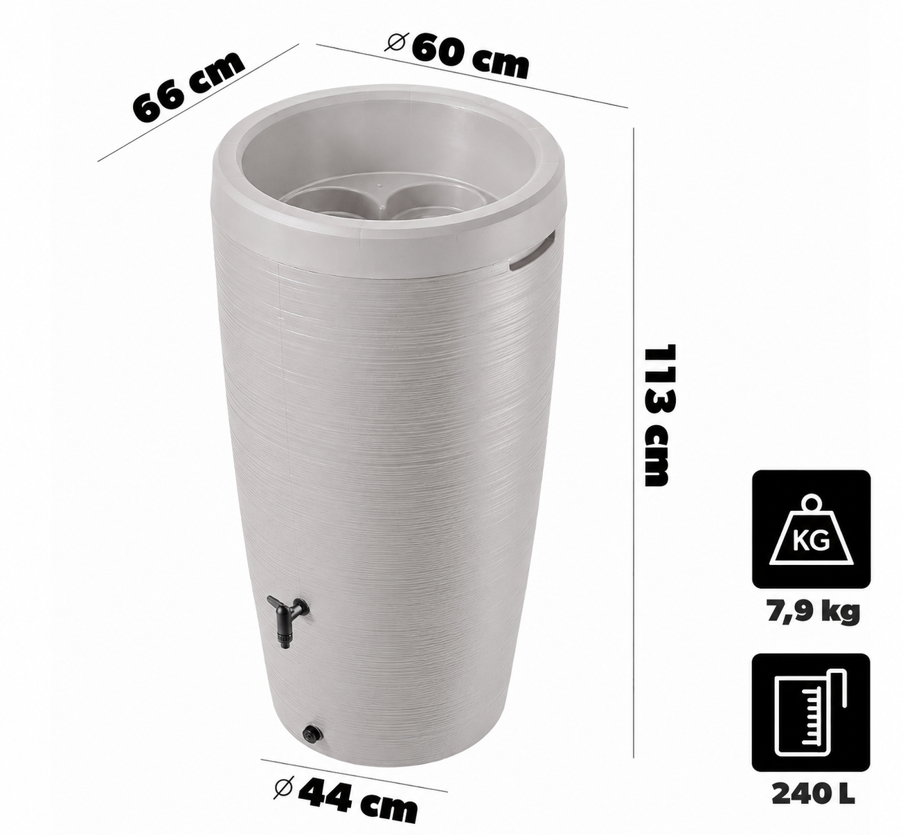  Sud na dešťovou vodu GOBI 240 l, šedá, s  kohoutkem 3/4
