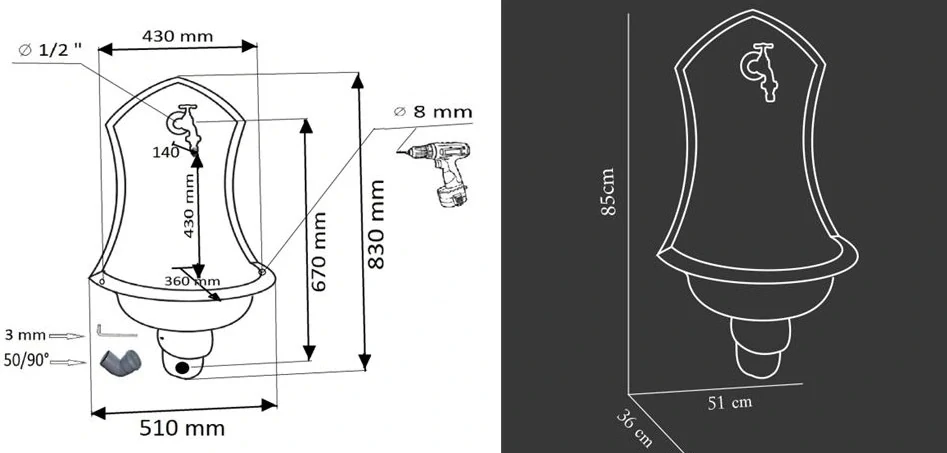 Zahradní umyvadlo SIENA 83 cm antické stříbro - kohoutek Drak