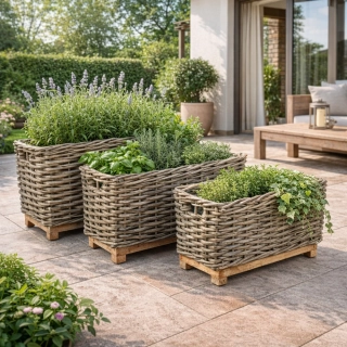 RATANOVÉ koše RATTBOX na dřevěném podstavci, HRUBÝ RATAN, Grey, set 3 kusy